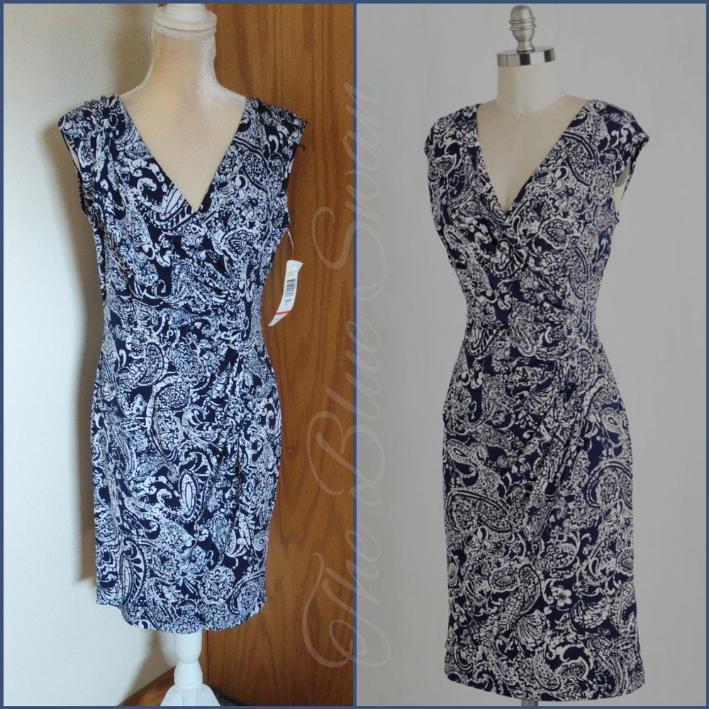 NWT Modcloth Evening Exhibition Navy White Bandana Abstract Print Sheath 8